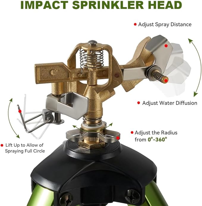 THUNDERBAY Impact Sprinkler on Tripod Base, Heavy-Duty sprinklers Provide 360-degree Spray Coverage Large Yard Garden Lawn Areas, 3/4 Inch Connector Extension Legs Flip Locks with Brass Head, 1 Pack