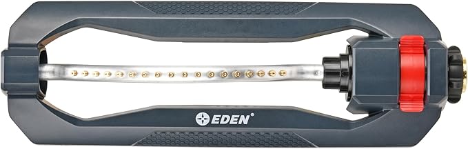 Eden 96217 Turbo Oscillating Sprinkler, Covers Up to 3,500 sq. ft., 18 Brass Nozzles, Sturdy Weighted Base, Adjustable Range, Quick Connect Bundle, Black, Red, Silver
