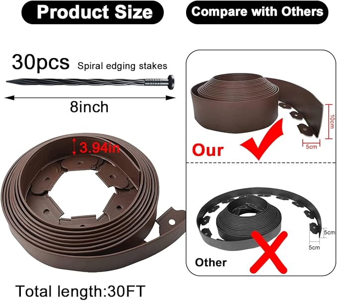 Landscape Edging 33ft,Garden Edging Borders[Extra Tall 4IN ] Flexible Lawn Edging Kit with 30pcs Spikes,Heavy Duty Landscaping Edge Mini Plastic Fence for Yard Grass Flower Bed -Brown