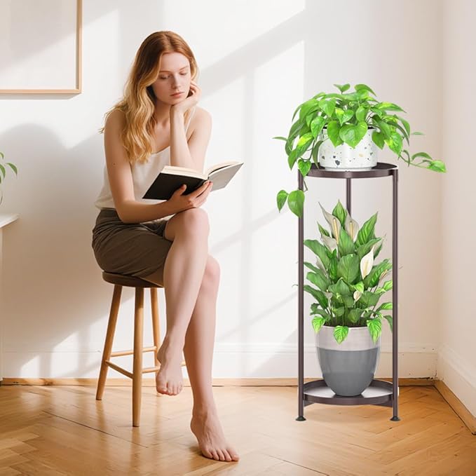 iDavosic.ly 2 Tier Corner Plant Stand Indoor, Tall Vertical Metal Flower Heavy Duty Pot Holder Shelf Outdoor for Patio Porch Living Room, Bronze - Round