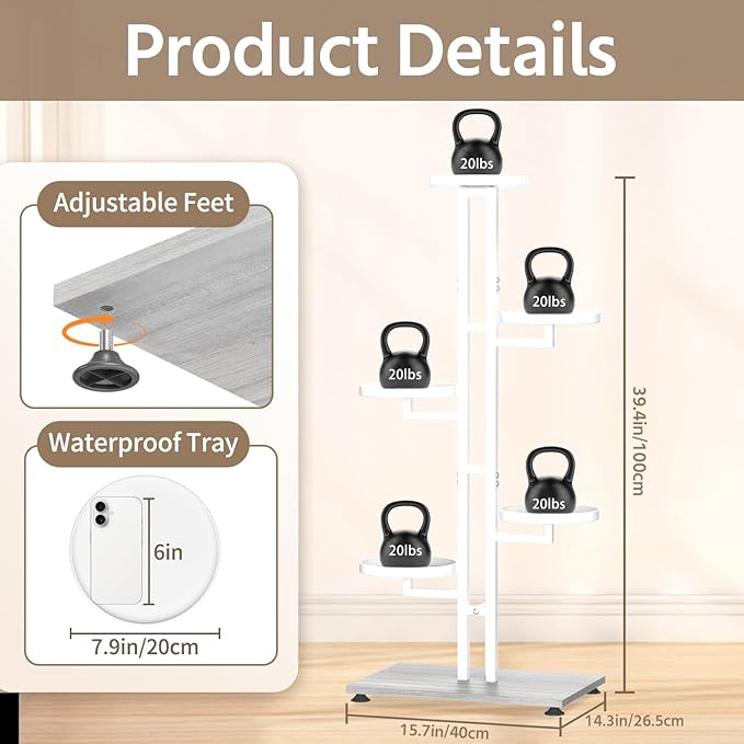 LASZOLA White 5 Tiered Plant Stand Indoors Heavy Duty Metal Rack, Sturdy Multi Level Shleving Hold Flowers, Larger House Decorate Ladder for Planting Inside Tree Herb Cactus, Wooden Base, Space Saving