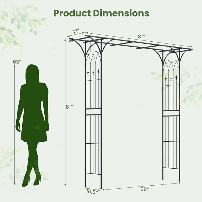 Giantex Metal Garden Arbor with Trellis, 81" Outdoor Arch for Climbing Plants, Heavy-Duty Rust-Resistant Steel Archway with 4 Stakes for Garden, Wedding, Party, and Yard Decoration, Black