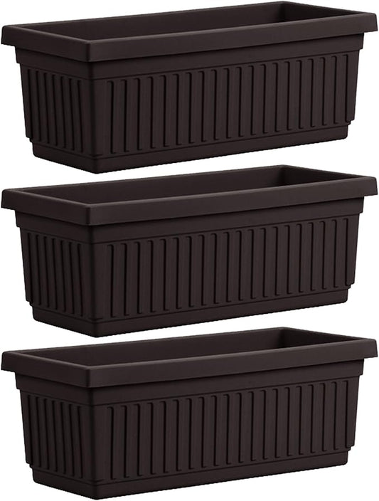 HC Companies 24 Inch Long Fluted Plastic Venetian Garden Window Container Planter Box for Flowers, Vegetables, or Succulents, Black (3 Pack)