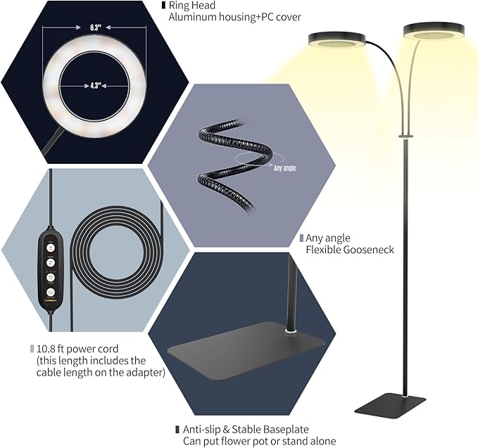 GLOWRIUM Grow Lights for Indoor Plants, 36W Full Spectrum 2-Head LED Plant Light with Stand, Adjustable Height, 3/9/12H Timer, 6 Dimmable Levels & 3 Lighting Modes(Black-Double Head)