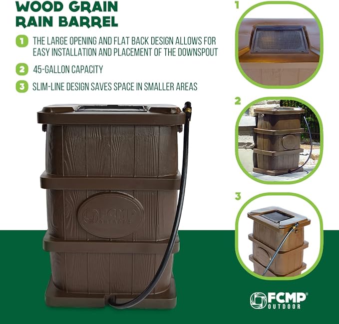 FCMP Outdoor Slim Line Design 45-Gallon Wood Grain Outdoor Home Rain Water Catcher Barrel Flat Back Container with Spigots and Mesh Screen, Brown