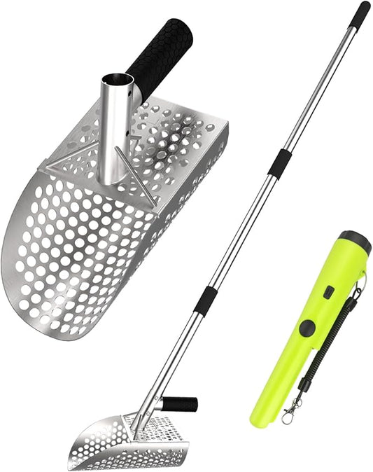 Long Handle Sand Scoop,with Metal Detector Pinpotiner,Stainless Steel Beach Metal Detecting Shovel for Adults, Ideal for Underwater Treasure Hunting,Beach Sifting，Excavation Tools