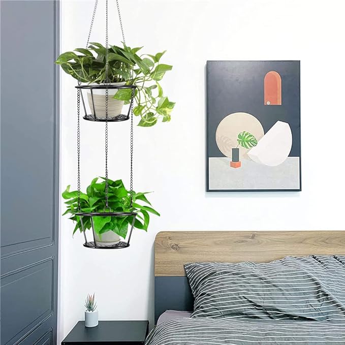 ARTORA 2 Pack Metal Plant Hanger, Modern Plant Hanging Basket Decorative Black Plant Pot Holder Flower Planter Hanging Chain for Balcony Porch Indoor Outdoor Home Decor (Black 2PCS)