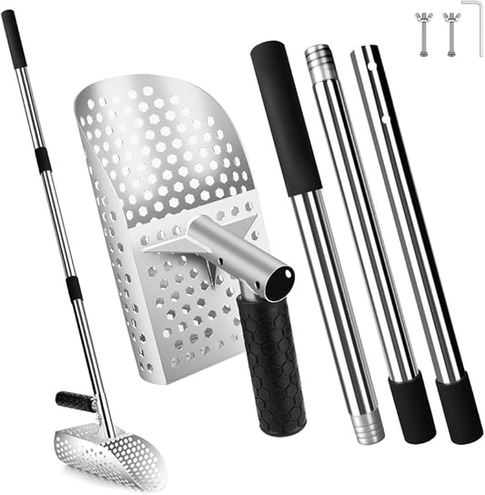 Sand Scoop for Metal Detecting,Heavy Duty Stainless Steel Metal Detector Scoop with Long Handle,Metal Detecting Shovel Used for underwater treasure hunting, beach soil metal detection, and excavationr