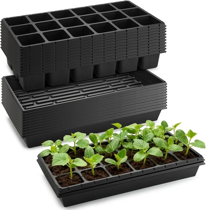 10 Pack 3 Inch Square Pots 2.9" Deep 18 Big Cell Seedling Trays with 10 Pack Water Collection Nursery 1020 Trays No Holes for Seeds Starting and Transplanting (20"x10",10 Sets)