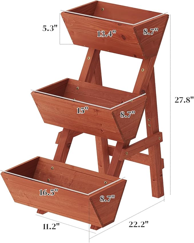 3-Tier Wooden Vertical Raised Garden Bed with Legs, Tiered Planter Box, Garden Planter, Garden Box, Wood Plant Stand Wood Flower Rack for Patio, Balcony, Freestanding. (Brick Red-Small)