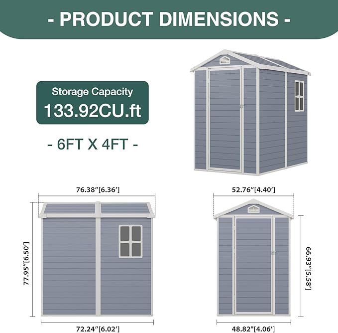 6x4FT Storage Shed Plastic Outdoor Storage Shed Waterproof Container House with Lockable Door and Transparent Window for Garden, Lawn, Backyard, Patio
