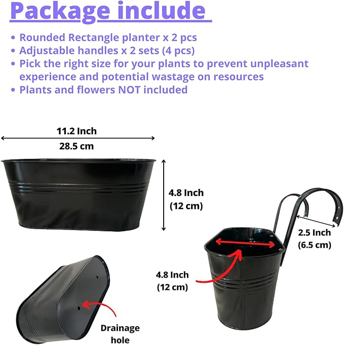 LaLaGreen Railing Planter Outdoor Plants (11.2 Inch, 2 Pack) Black Metal Iron Hanging Flower Pots Deck Rail Fence Hanging Bucket Modern Countryside Style Window Box Plant Holder with Hooks Porch Decor