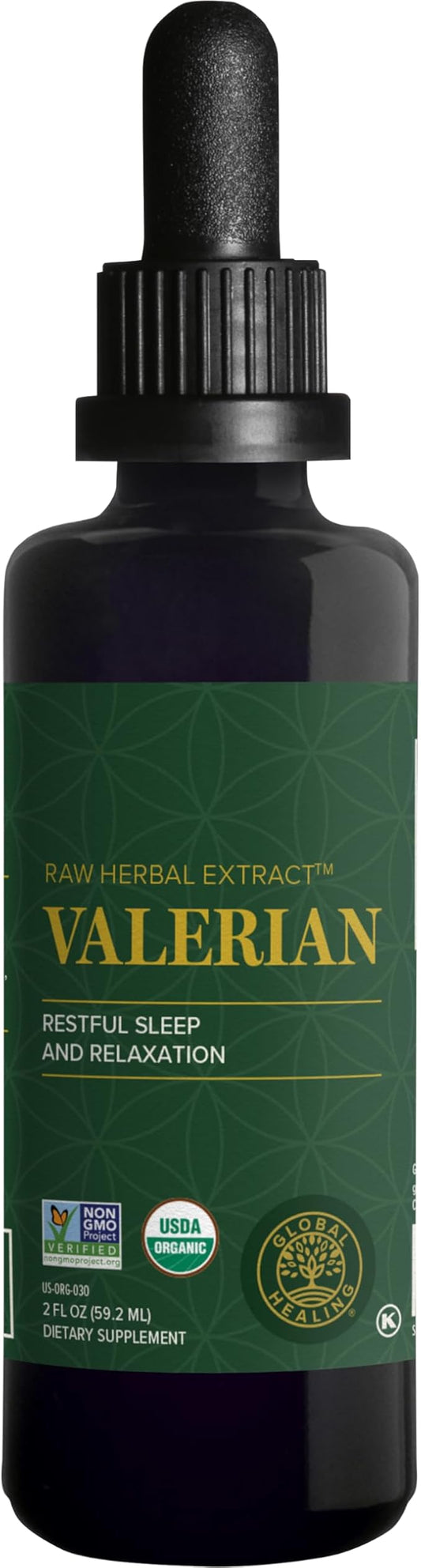 Global Healing Organic Valerian Root Extract Liquid Supplement - Raw Herbal Extract for Healthy Relaxation, Sleep & Calm -Alternative to Valerian Root Capsules for Bioavailability - 2 Fl Oz