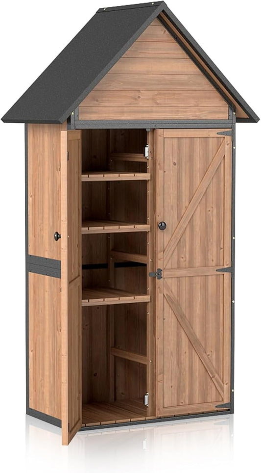 Outdoor Storage Shed with Sloped Roof - Heavy-Duty Metal & Wood Garden Cabinet, Adjustable Shelves, Large Capacity Waterproof Design for Patio, Garage, Backyard (Brown)