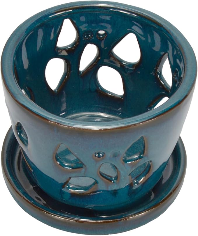 W&W Orchid Pot with Holes and Saucer for Repotting, 5 Inches, Teal