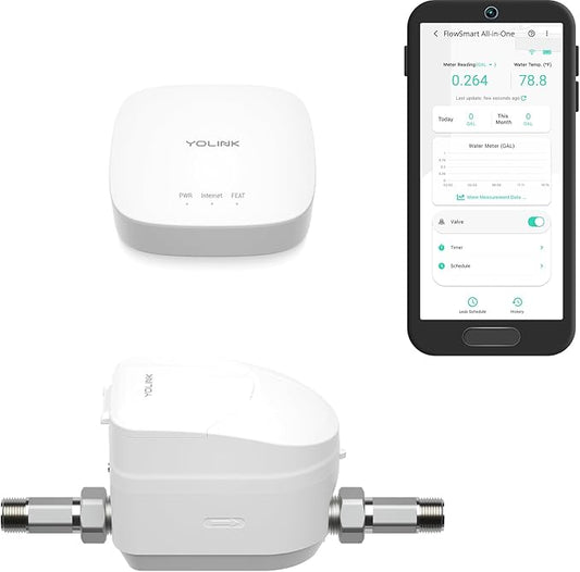 NSF Certified YoLink FlowSmart All-in-One Smart Water Meter & Auto Shutoff for 1/2" Pipes, LoRa Long-Range, Real-Time Leak Detection, 10-Year Battery, 80+ Device Ecosystem, Hub Included - YS5008