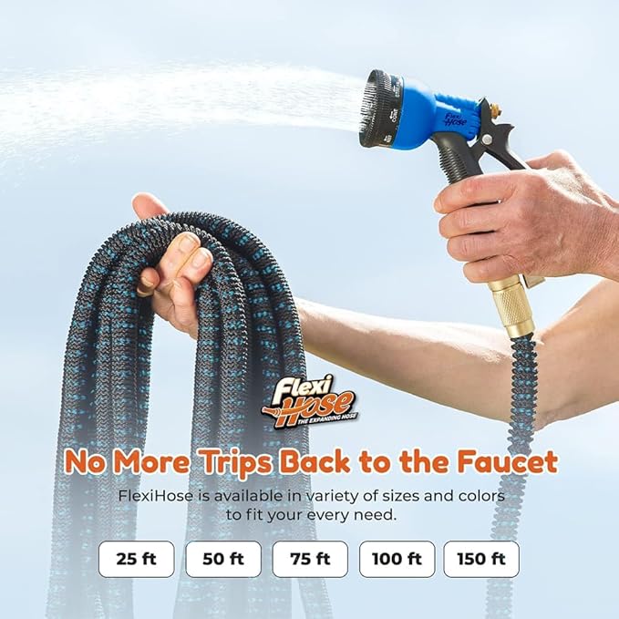 Flexi Hose Expandable Garden Hose with 8 Function Nozzle, 150FT - Lightweight Retractable Garden Hose, Water Hose - No-Kink Flexibility, 3/4 Inch Solid Brass Fittings and Double Latex Core