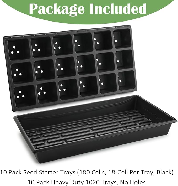 10 Pack 3 Inch Square Pots 2.9" Deep 18 Big Cell Seedling Trays with 10 Pack Water Collection Nursery 1020 Trays No Holes for Seeds Starting and Transplanting (20"x10",10 Sets)