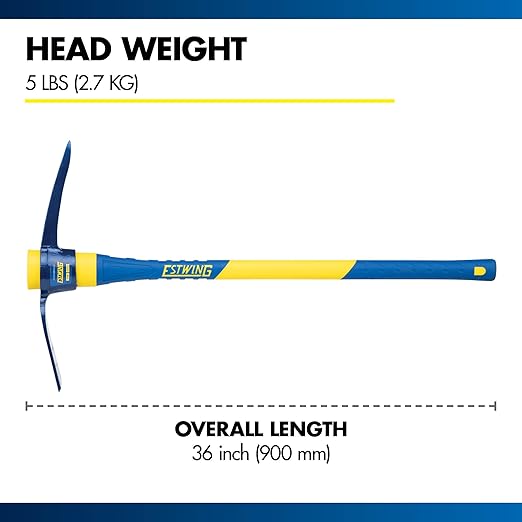 Estwing 5-Pound Pick Mattock, 36-Inch Fiberglass Handle, Ideal for Hoeing in Tight Quarters or Rocky Soil