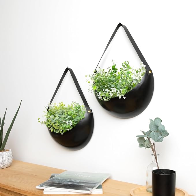 Set of 2 Black Metal Wall Planters - 12" Crescent Hanging Pots with Faux Leather Straps - Indoor Outdoor Decor for Succulents & Air Plants - Unique Plant Gift and Modern Minimalist Home Decor