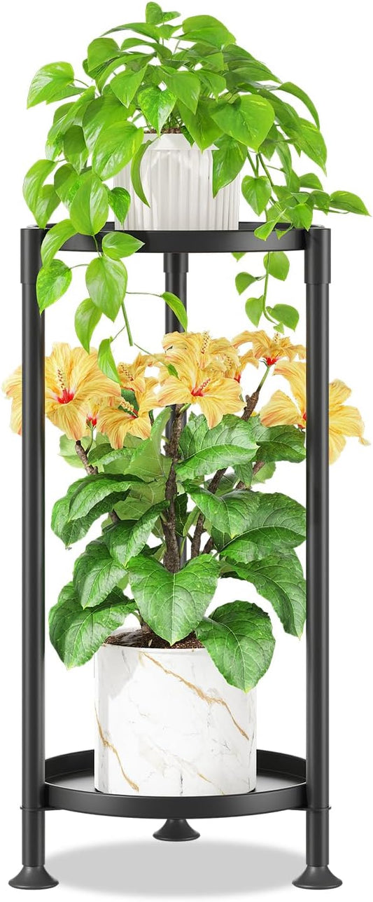 iDavosic.ly 2 Tier Plant Stand Indoor with 10 Inch Wide Tray, Vertical Corner Metal Outdoor Flower Display Holder Shelf, Folding Tall Rack for Patio Porch Living Room, Modern Black