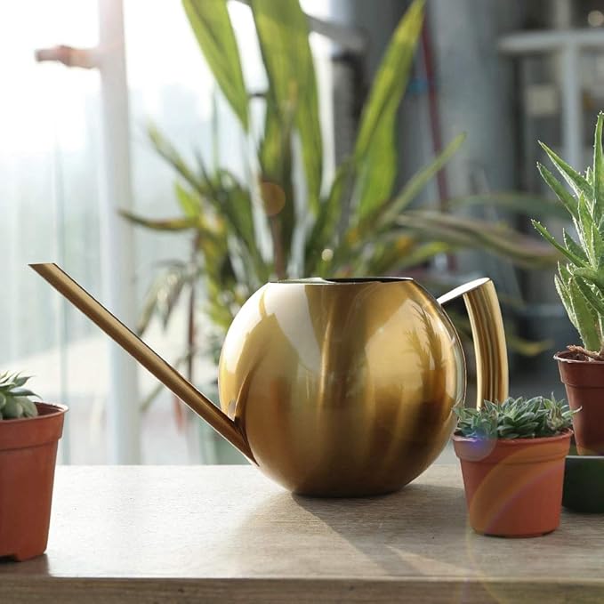 Watering Can, Stainless Steel Watering Can Sprinkle Pot Long Mouth Garden Flowers Plants Watering Pot for Indoor and Outdoor Flower Pot Gardening, 1000ml(Gold)