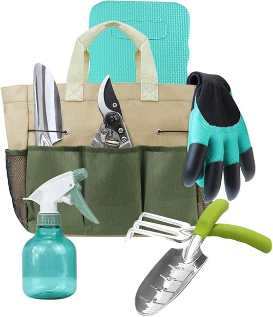 Garden Tools Set with 3 Aluminum Gardening Tools, 1 Pruning Shear, 1 Mister Spray Bottle, 1 Foam Kneeler，1 Garden Gloves with Claws and 1 Gardener Bag, Gifts for Mom Dad