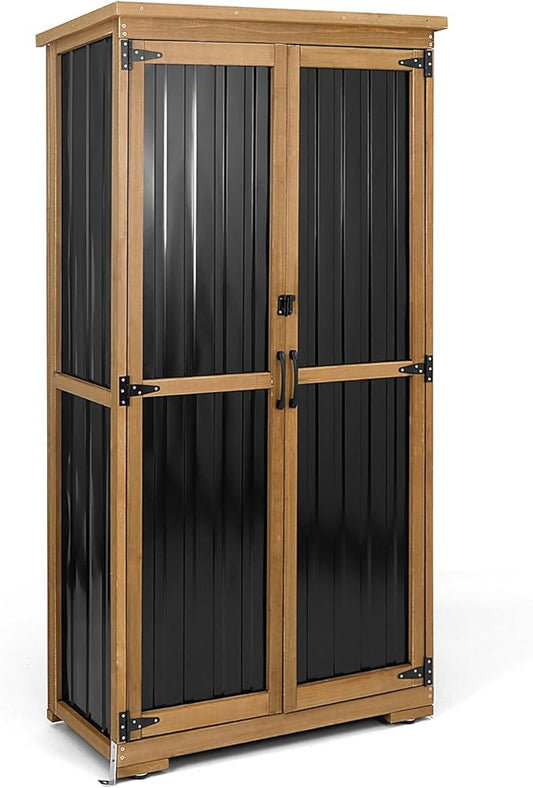 Outdoor Storage Cabinet, Wood & Metal Storage Shed with Weather-Resistant Roof, Removable Shelves, Lockable Doors, Outside Storage Tool Organizer for Garden, Patio, Backyard, Garage, Pool