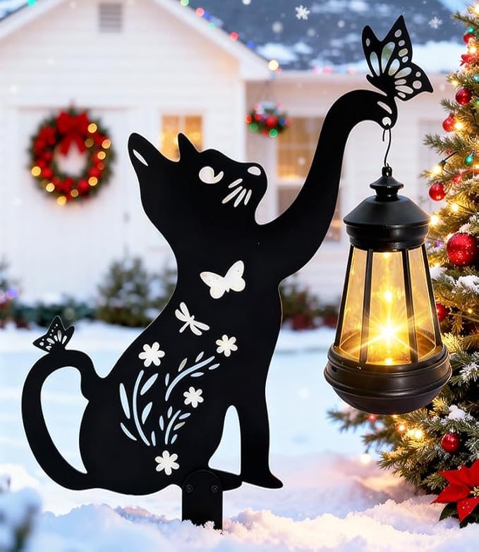Black Cat Christmas Garden Decorations Outdoor - Solar Lights Outdoor Garden Decor Stake with Butterfly Decorative Metal Housewarming Ornament for Yard Lawn Patio – Unique Gift Ideas for Christmas
