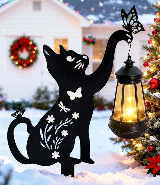 Black Cat Christmas Garden Decorations Outdoor - Solar Lights Outdoor Garden Decor Stake with Butterfly Decorative Metal Housewarming Ornament for Yard Lawn Patio – Unique Gift Ideas for Christmas