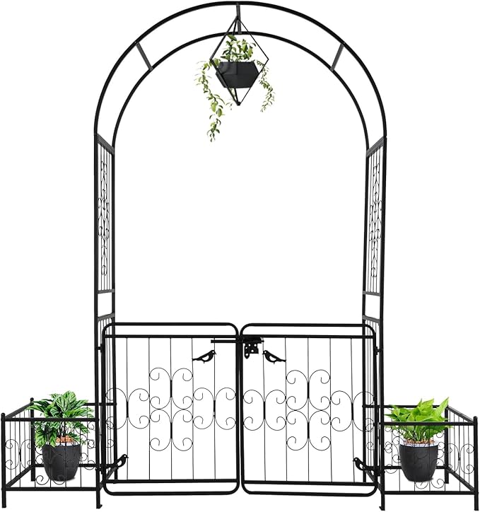 Outvita 7FT Garden Arch Arbor with Entry Door and Plant Frame, Heavy Duty Metal Arbour Archway, Decorative Frame Stand Trellis with Ground Stakes for Wedding Ceremony Party Plant Patio Black