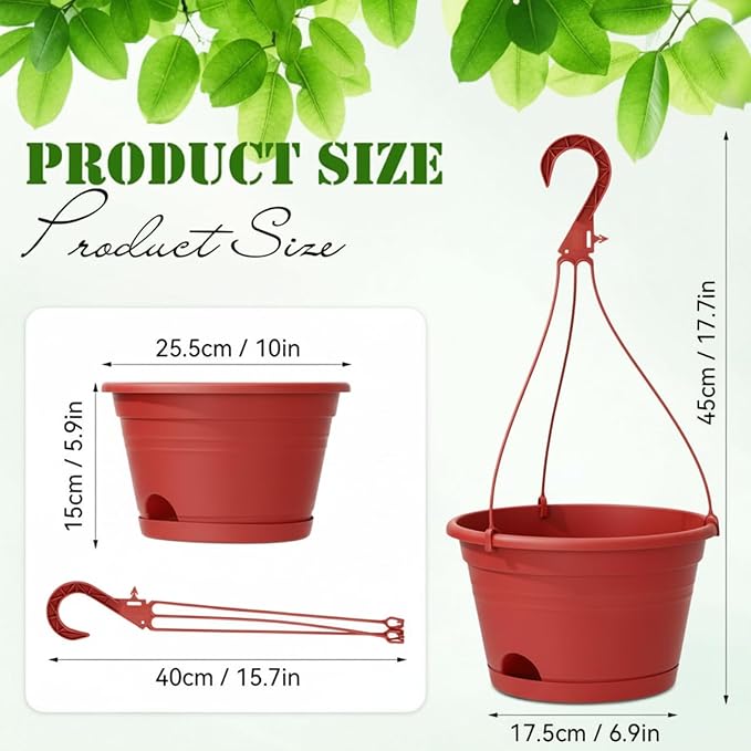 Roshtia 20 Pcs 10 Inch Hanging Baskets for Plants Large Plastic Hanging Basket Pots with Drainage Trays Self Watering Planter Pots for Outdoor Indoor Plants Flowers Garden Balcony (Brown)