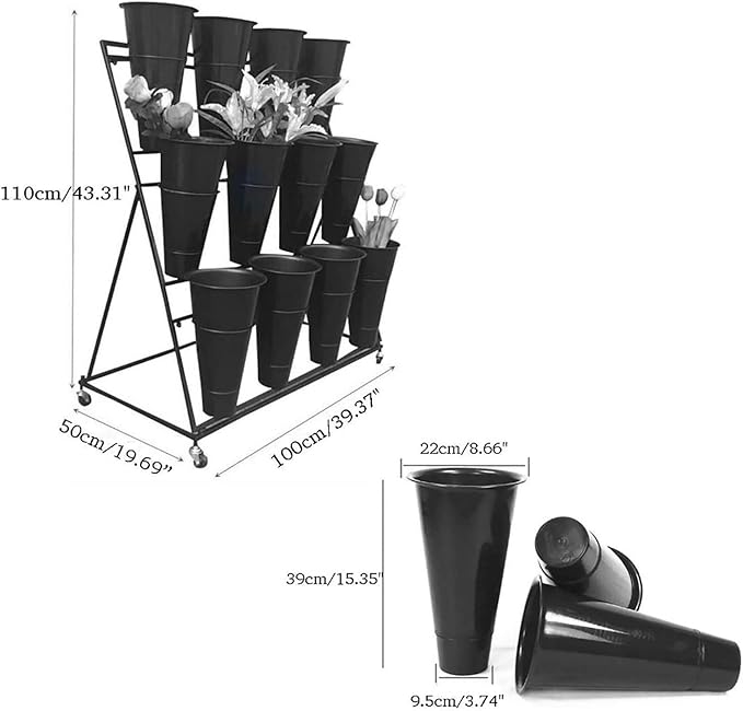 Flower Display Stand with 12pcs Plastic Buckets Iron Plant Stand with 4 Universal Wheel, 3-layers Metal Moving Florist Bouquet Shelf for Fresh Flower Shop (WHITE)