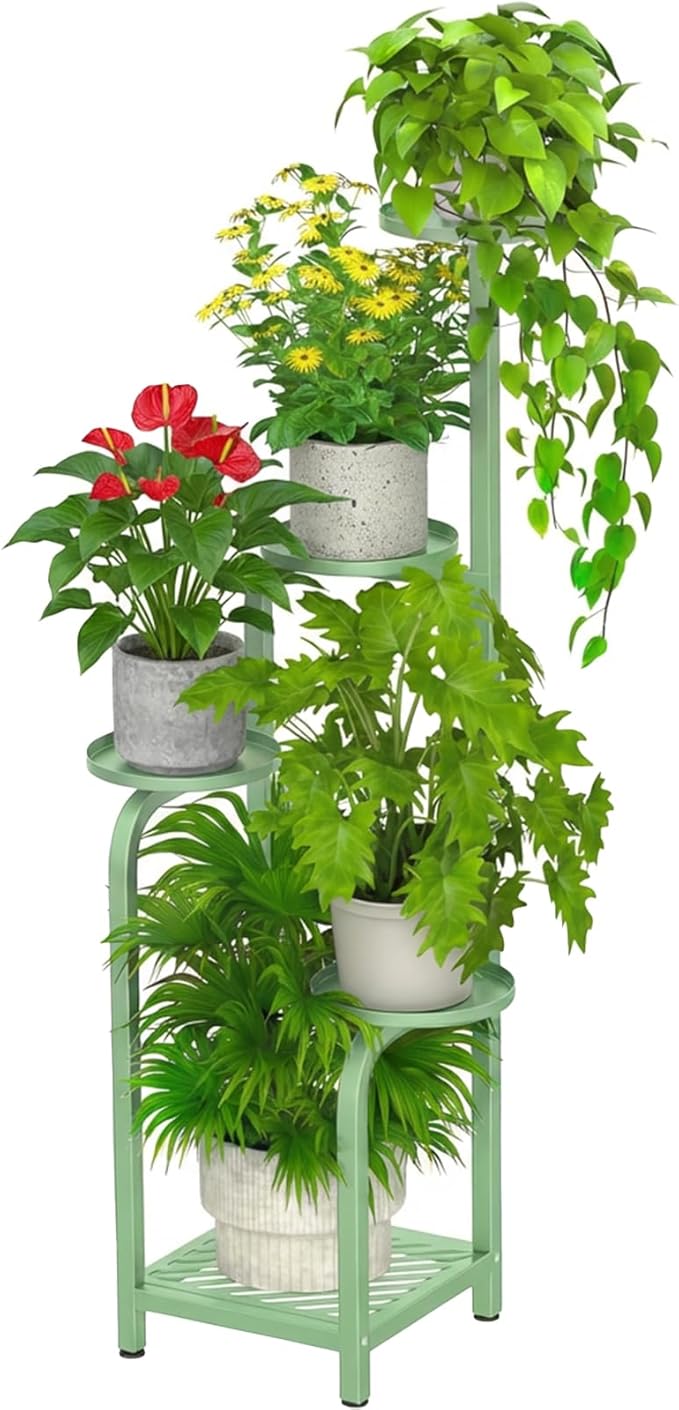 TOSKING 5 Tier Tall Plant Stand Indoor Outdoor, Heavy Duty Corner Shelf for Plants & Decor, Space Saving 3.9FT Metal Flower Pot Stand for Balcony, Garden, Living Room, Patio( Sage Green, 5Tier SQ Base)