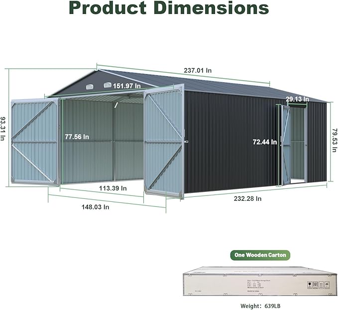 Metal Garage Shed 13x20 FT, Sheds & Outdoor Storage Clearance, Outdoor Storage Shed for Car, Truck, Bike, Lawnmower, Backyard Tool House, Boasting 2 Doors and 4 Vents, Dark Gray
