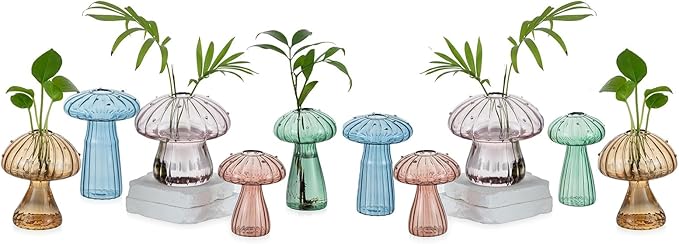 Colorful Mushroom Propagation Stations for Plants: Glasseam 10Pcs Glass Plant Terrarium for Pothos Herbs - Lovely Hydroponic Propagator for Window Table Decor - Unique Gifts for Women