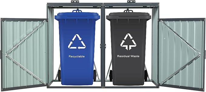 Garbage Bin Storage Shed for 2 Trash Cans Outdoor Metal Enclosure Charcoal Galvanized Steel Garbage Can Holder Hide Utility Bin Shelter Garden Yard