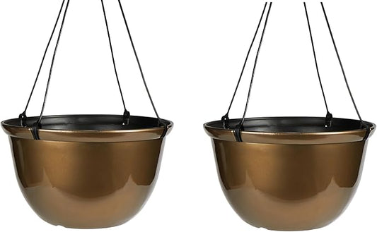 The HC Companies 11 Inch Hanging Metallic Planter - Round Hanging Basket for Indoor Outdoor Plants, Bronze (Pack of 2)