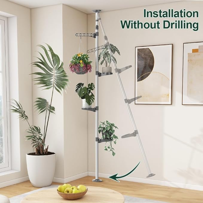 Hershii 5-Layer Indoor Plant Stand Pole Spring Tension Rod Corner Flower Display Rack Holder Adjustable Telescopic Floor to Ceiling Shelf Space Saving - Grey