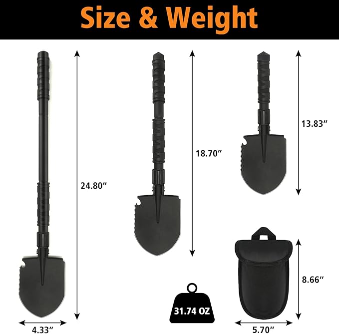 FLYEGO 9-in-1 Folding Camping Shovel, Multifunctional Military Shovel Portable Metal Detecting Shovel High Carbon Steel Entrenching Tool, Car Emergency, Hiking, Garden, Trenching, Backpacking
