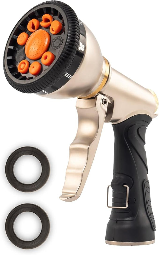 360° Rotating Hose Nozzle with Lock Function - 9 Spray Modes, Anti-Slip Grip, for Gardening, Car Wash & Pool Maintenance (Front Trigger)