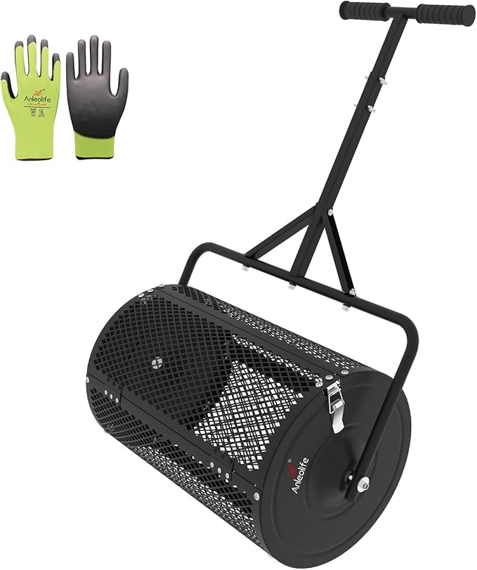 A ANLEOLIFE 24 Inch Compost Spreader, Lawn and Garden Peat Moss Roller with Side Latches, 24-31.1" Height Adjustable Handle, Metal Mesh Basket for Spreading Topsoil, Manure, Mulch, Black
