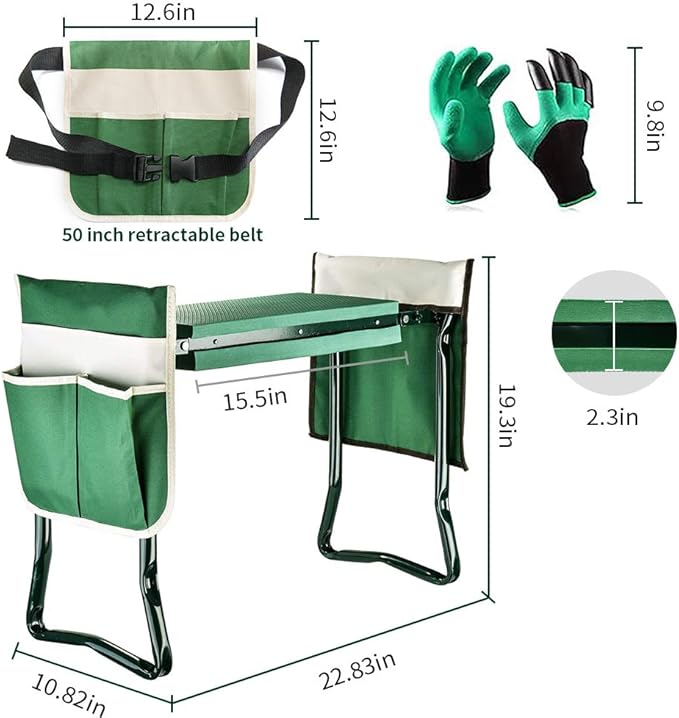 PLKO Garden Kneeler and Seat Stool Heavy Duty Garden Folding Bench with Large RemovableTool Pocket Gloves and Soft EVA Kneeling Pad for Gardening Lovers