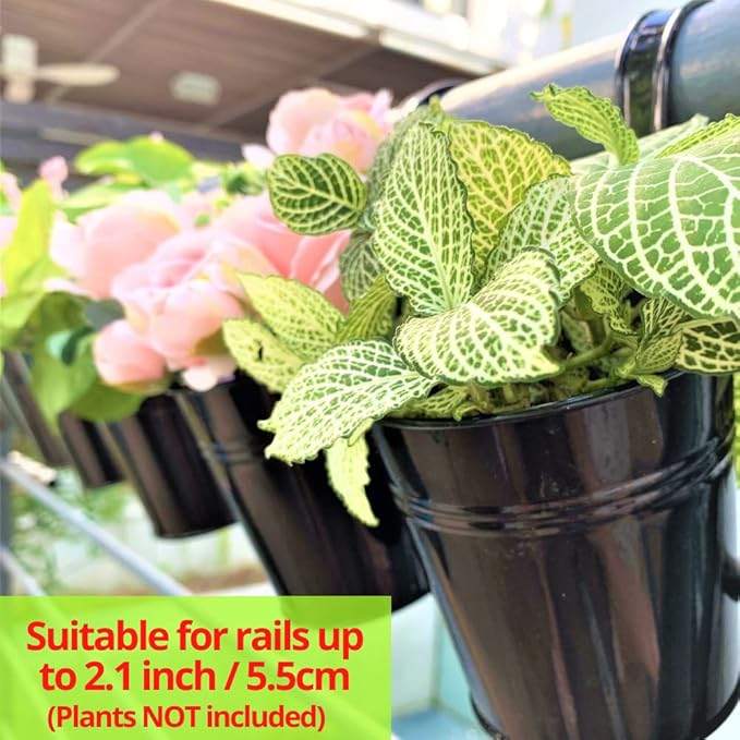 LaLaGreen Small Hanging Planters - 10 Pack, 4 Inch Black Metal Bucket Small Flower Pots for Outdoor Outside, Balcony Railing Hanging, Cute Garden Decor Rail Wall Farmhouse Rustic Deck Porch Succulent