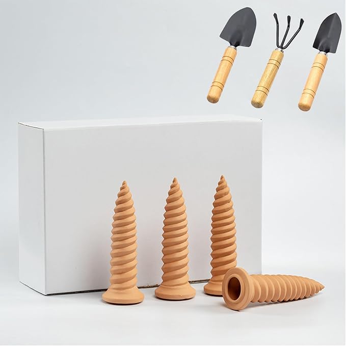 Self Watering Planter Insert 4 Pack Terracotta Vacation, 18oz Threaded shaped Watering Spikes Self Watering Devices for Indoor Outdoor Plants Easy To Refill & Maintain with 3 Pcs Mini Garden Tools Set