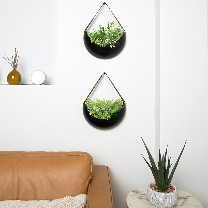 Set of 2 Black Metal Wall Planters - 12" Crescent Hanging Pots with Faux Leather Straps - Indoor Outdoor Decor for Succulents & Air Plants - Unique Plant Gift and Modern Minimalist Home Decor