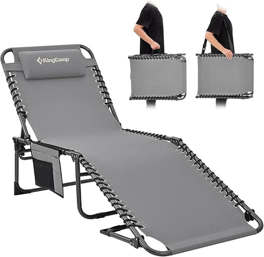 KingCamp Lounge Chair Outdoor, Folding Tanning Chairs Comfy Adjustable 5-Position Lay Flat Foldable Chaise Chaser Lounger with Pillow for Outside Beach Patio Sun Bathing Pool Backyard, Grey