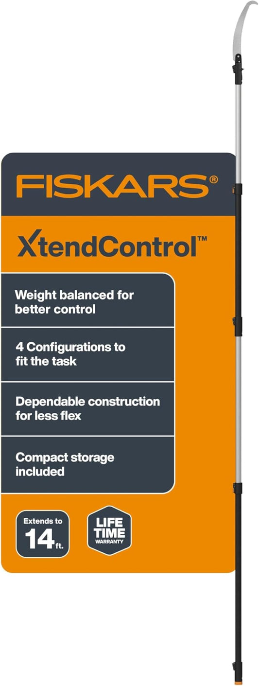 Fiskars XtendControl 14' Extendable Tree Pruner, Adjustable Pole Saw Branch Trimmer with 15" X2 Hook Bill Saw, 3-6' & 4-8' Extension Poles, and Secure Locking System for Precision Cutting