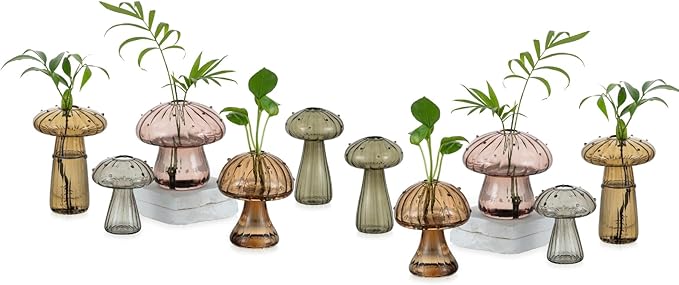 Glasseam Colored Mushroom Plant Terrarium: Glasseam Hand-Blown Glass Propagation Stations - Small Hydroponic Jars for Home Table Window Autumn Decor - Gifts for Plant Lovers (10Pcs)
