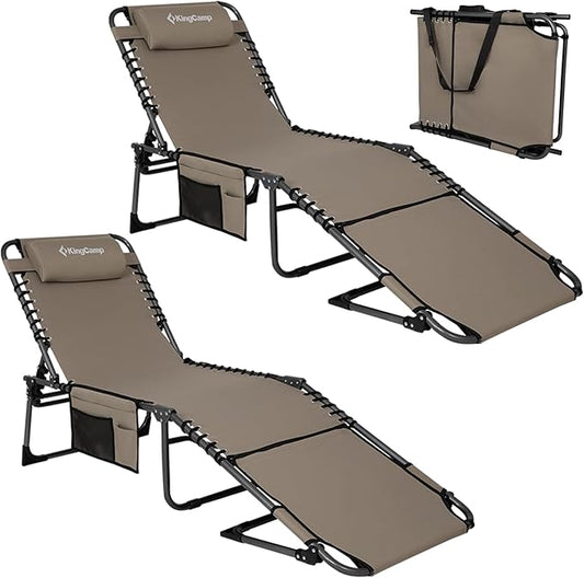 KingCamp 2 Pack Tanning Chair with Face Hole, Lounge Chairs Outdoor Folding Comfy Adjustable 5-Position Lay Flat Foldable Chaise Chaser Lounger for Outside Beach Patio Sun Bathing Pool, Beige